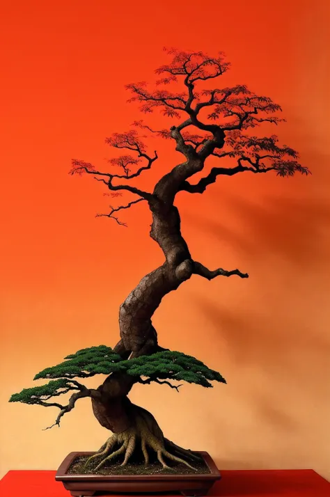 bonsai on a gnarled branch against a red background, simple background, in the style of light orange and light beige, minimalist images, photography installations, paleocore, green and crimson, hyper-realistic, poetic intimacy