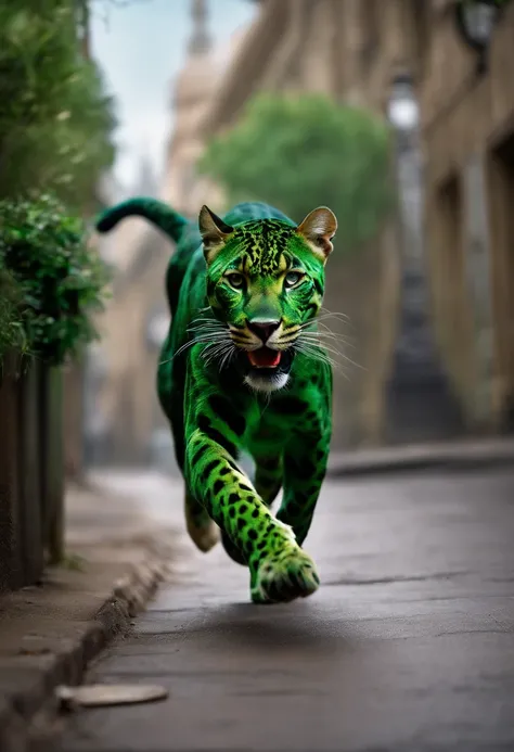 Green panther running after postman in the street with a bone in his head