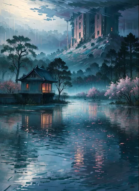 Best quality,4K,8K,A high resolution,Masterpiece:1.2,Ultra-detailed,Realistic,Photorealistic:1.37,landscape,Monet,Impresionismo,flood,illuminations,Japan culture,disaster,heavy rain,Dark clouds,Gloomy atmosphere,Flooded rivers,damaged buildings,Desolate st...