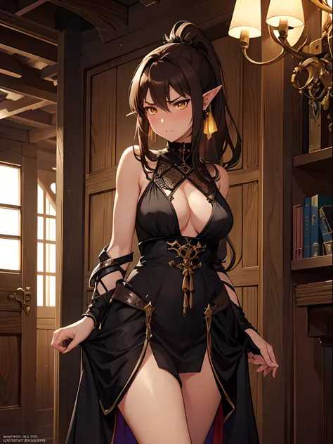 Close up, fantasy world, medieval, mansion, wooden walls, bedroom, humanoid, elf ears, dark tanned skin, yellow eyes, dark brown hair, ponytail, neat hair, annoyed expression, embarrassed, blushing, revealing black dress, sexy clothes, jewelry, lingerie