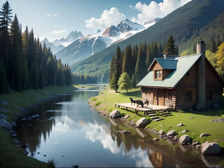 masterpiece, 1 dog on A cozy, rustic mountain cabin with a view of a tranquil river, nature, solo, cartoon style