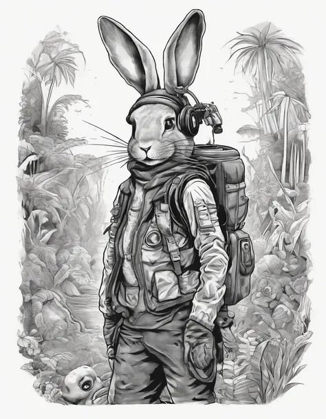 Herren. Adventurer Bunny，Wearing an explorers hat，Carry a bag，Behind him was a dense jungle