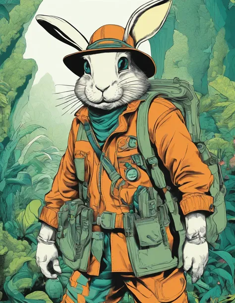 Herren. Adventurer Bunny，Wearing an explorers hat，Carry a bag，Behind him was a dense jungle