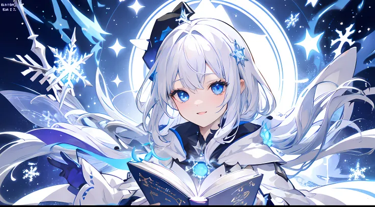 White-haired, White costume, Wizard Anime Characters, Wizard Detail Art,Sorcerer、 portrait of a wizard, from arknights, Magic circle of snowflakes、The Magic of Snowflakes、long white hair、Glowing blue hair、A wizard wearing a white robe、blue eyess、Have a spe...