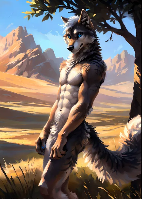 ((Solo)), male people, anthro wolf, (Multi-colored fur, White-brown:1.3，White tail pointed), (Height 2.3 meters,Tail length 1.2m), ((Wolf face, White hair, Big eyes, White eyelids, Blue pupil, Slim:1.2) (Tough, Calm expression:1.2)), Abs, Slim, pinging)), ...