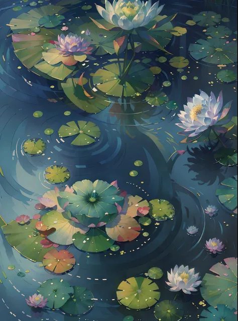 original, illustration, best quality, masterpiece, the Extremely Detailed CG Unity 8K Wallpapers, a colorful, water lilies, water lily petals, scenic beauty, rivers|Wagas, no human