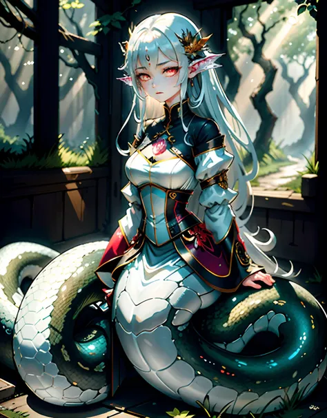 detailed snakeskin， （as-adult）， individual focus， （lamia）， stoic， monstergirl， ， beautidful eyes， beatiful background， abandoned...