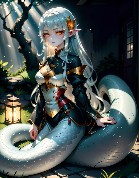 detailed snakeskin， （as-adult）， individual focus， （lamia）， stoic， monstergirl， ， beautidful eyes， beatiful background， abandoned...