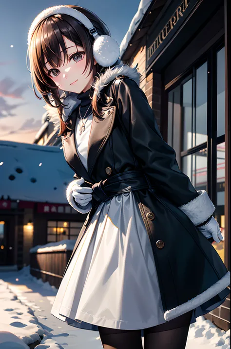 (masutepiece, Best Quality:1.2), 1girl in, Solo, Cute, kawaii, Digital Art、snowy landscape、Gun holder at waist、Burberry Skirt、Background of the town with snow,during daytime, Embarrassed expression, Silver hair(Short)、Red Gloves、fur earmuffs、glistning skin...