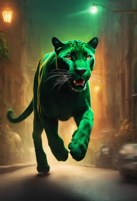 Green panther running after postman in the street with a bone in his head