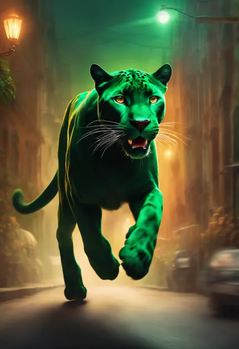 Green panther running after postman in the street with a bone in his head