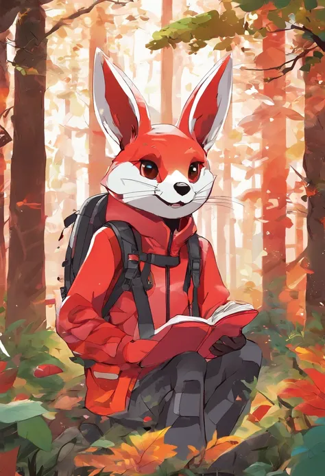 (One looks at the map and hikes through the forest), 
（holding a map：1.37），hairy,  Big green bright eyes,, The rabbit wears a stylish green adventure outfit,green shorts， Wear red hiking boots on your feet， cute ears, (Green camping hat, Carry a green back...