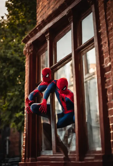 Spiderman holding onto the side of a building in NYC, reflection of venom in the window behind him, golden hour, cinematic light, dramatic, crystal clear image