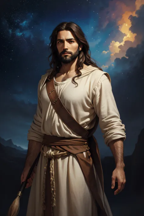 A beautiful ultra-thin realistic portrait of Jesus, the prophet, a 33 year old man Hebrew brunette, short brown hair, long brown beard, with open arms, wearing long linen tunic closed on the chest part, in front view, full body, biblical, realistic,by Dieg...