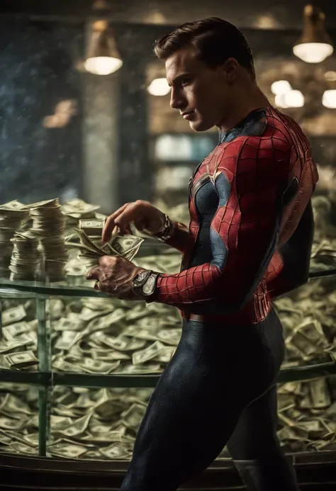 Spiderman as a stripper dancing for cash, raining money, cinematic light, dramatic, crystal clear image