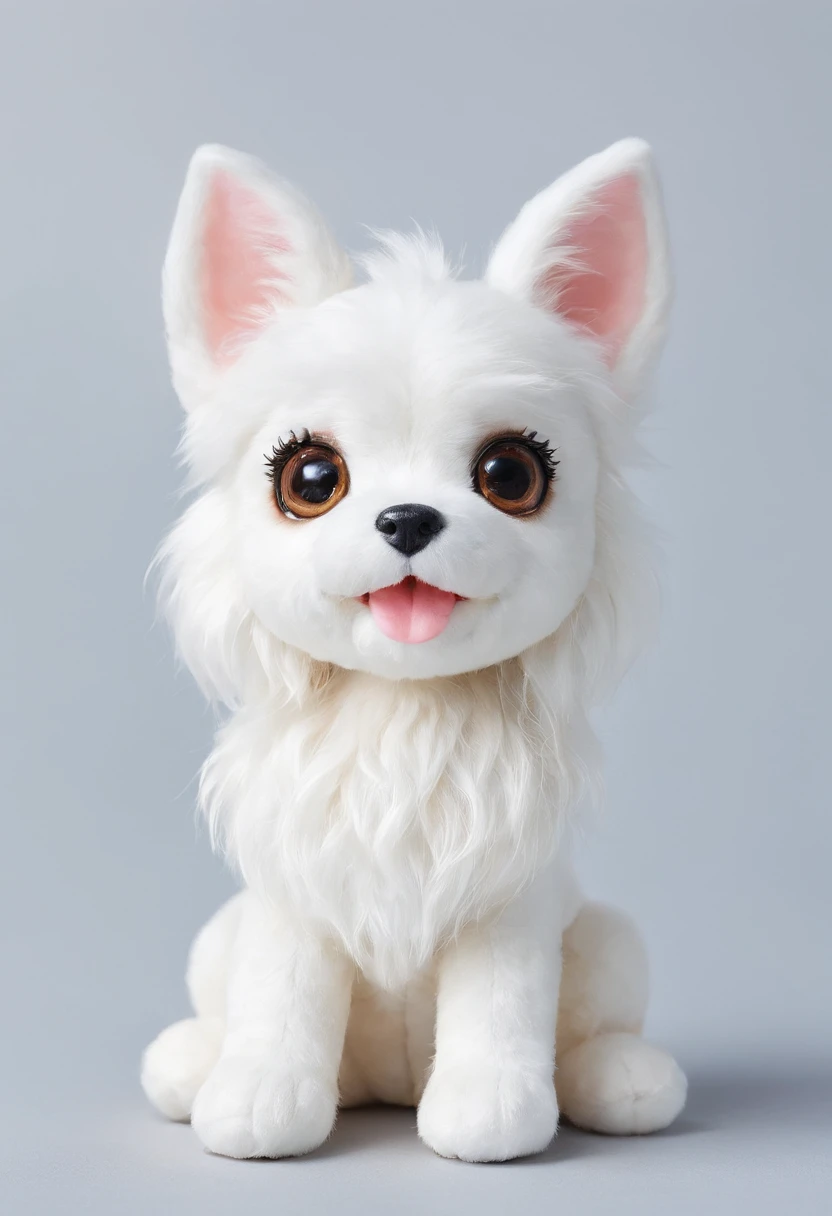 Size that can be attached to a keychain、Cute stuffed dog with pure white and curly hair、The color of the ears is black、The rest of the body is white.