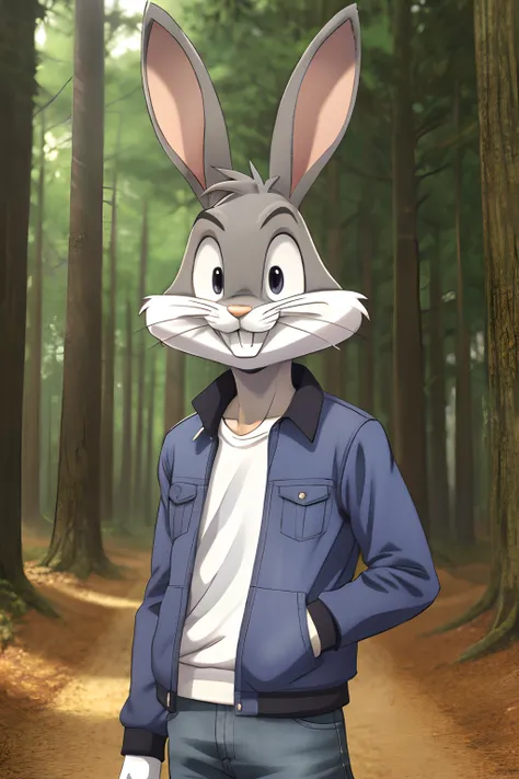 gloves, male, solo, bugs bunny, rabbit, buckteeth, forest, long ears, grey body, grey fur, white fur,furry,  grin, forest, upper body, short-sleeved jacket with white lining,16k(detailed face and eyes:1.3),
 ,furry,no humans, 
Ultra-detail,(highres:1.1),be...