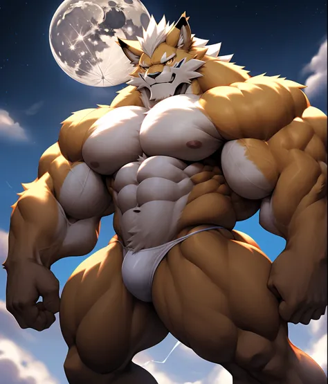 PRO competitive bodybuilder, nj5furry, (Leomon,16 years old, massive, huge, muscular, Gigachad), (((((WHITE THONG))))) Leomon, YOUNG FACE, TEEN, ((extremely realistic shadows, masterpiece, extremely detailed, photorealistic)), kemono, looking at the viewer...