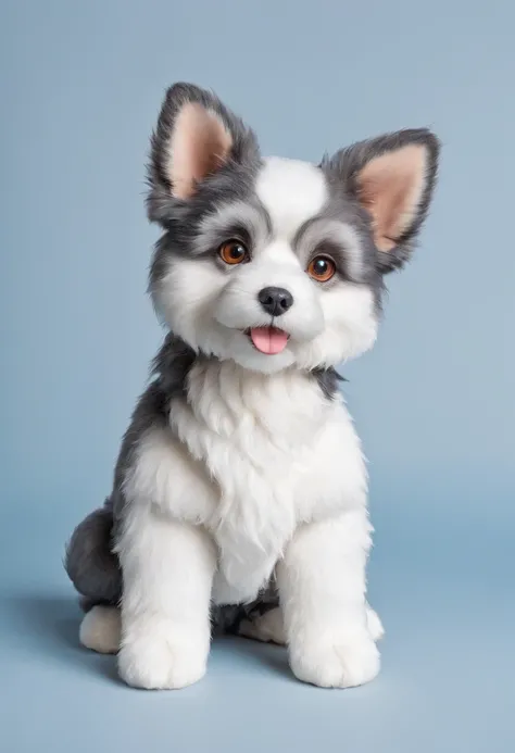 Fluffy and,Adorable stuffed dog、The dogs body is covered with pure white socks.、The color of both ears is black