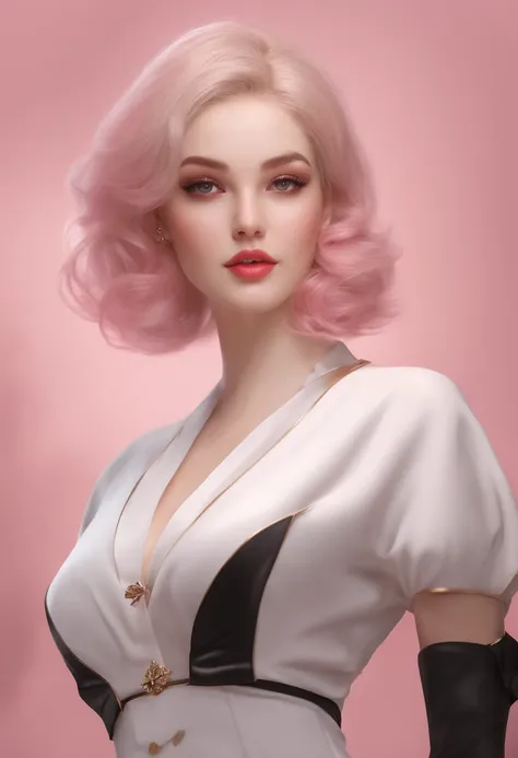 (A high resolution:1.2, Realist:1.4), Detailed eyes, lusciouslips, Elegant facial features, Flowing hair，pink short hair，White hairpin，tthin eyebrows，Confident expression，White color blouse，black cloaths，Short pink skirt、