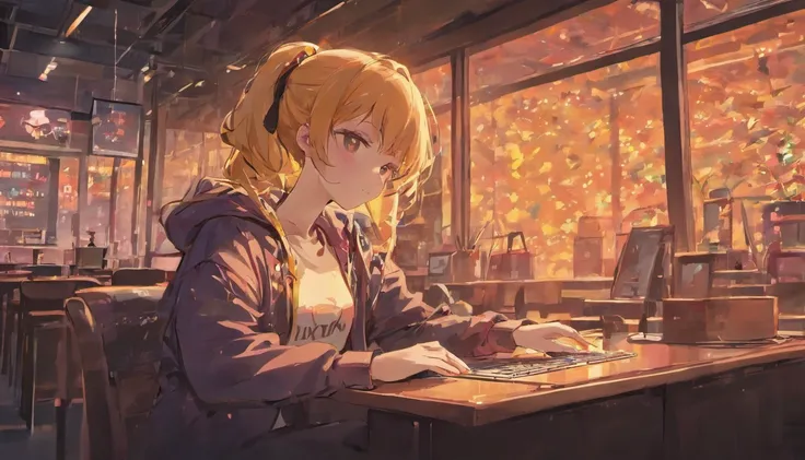 Anime girl sitting at table with laptop and headphones inside, night view in window, ZERO Girl, Compliment Art Style, Lofi Portrait, Lofi Art, Lofi Sensation, zero, ZERO vibes, Chillhop, lofi girl aesthetic, Lo-fi Art, ZERO color, lo-fi style illustration,...