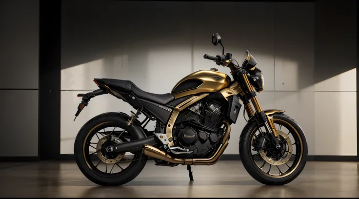 there is a gold motorcycle with a black seat and a black seat, octane engine render 8k hdr, cycles engine, hyper detailed 3d render, hyper detailed 3 d render, cycles render engine, hyper realistic detailed render, octane engine render, cycles render 4k, c...