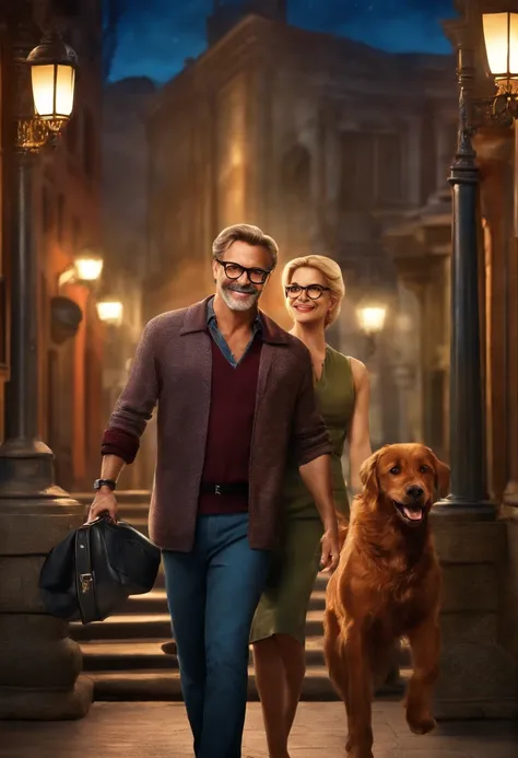 Imagine a photorealistic poster for a movie called Night at Freddys with a middle age handsome man wearing glasses with a strong chin, short beard, ponytail hair with a tight outfit and a beautiful woman with blonde hair, holding a briefcase, wearing glass...