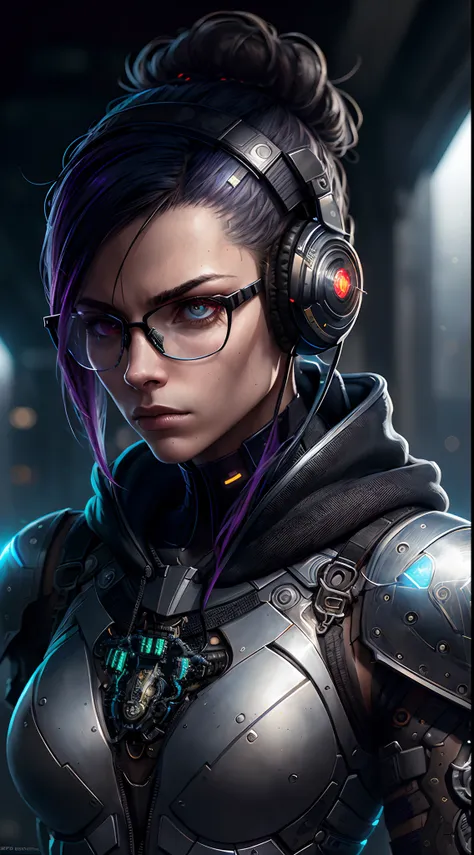 inked, award winning portrait photo of a futuristic female knight, natural perfect breast, muscular body, glasses, headphones,wearing cyberpunk intricate streetwear, black hoodie, (backlighting:1.3), digital painting, concept art, smooth, sharp focus, rule...