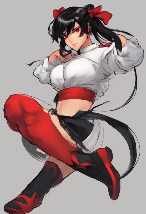 1teenage girl, crazy black hair, red eyes, short white t-shirt, long sleeves, long sleeves, short black skirt, thicc legs, long black stockings