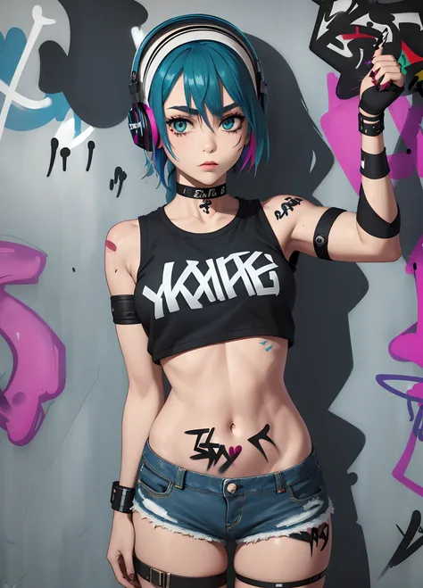 masterpiece, best quality, 1girl, solo, crop top, denim shorts, choker, (graffiti:1.5), paint splatter, arms behind back, against wall, looking at viewer, armband, thigh strap, paint on body, head tilt, bored, multicolored hair, aqua eyes, headset,