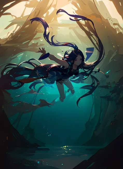 girl swimming in the ocean with long hair, concept art by Yang J, trending on Artstation, fantasy art, loish and wlop, trending on artstation pixiv, a beautiful artwork illustration, floating drowned, guweiz on pixiv artstation, beautiful digital artwork, ...