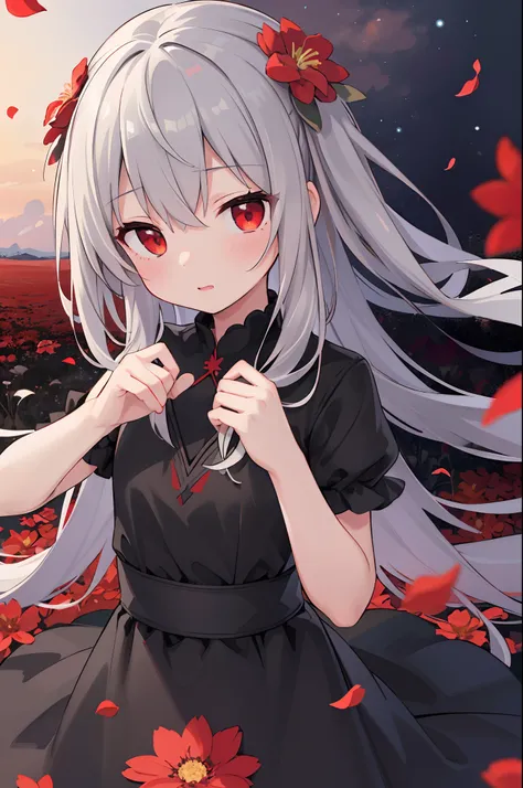 (hiquality,4k,8K,hight resolution,Masterpiece:1.2),Ultra-detailed,Realistic:1.37,A girl,独奏,gray hair,red eyes,Black Dress,flower field,red flowers,Blood-colored flowers,,Red Field,Floating Red Petals,illustartion, Vivid colors,soft-lighting