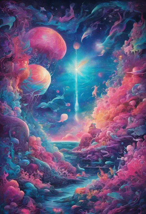 "(Best quality,A high resolution,Masterpiece:1.2),Vivid colors,Ultra-detailed,Flying jellyfish and whales in space,view of the cosmos,Colorful nebula,glittering stars,Fragile beauty,Otherworldly creatures,Ethereal atmosphere,Engaging anti-gravity scenes,Al...