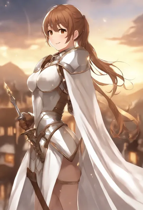 asuna, asuna_(sao), (1girl,solo) ,fantasy, highres, 19 yo,  original, (wear in a sheath on waist:1.3), smile, (white knight wizard long cape:1.5), short hair, medium breasts, looking at viewer, bangs ,detailed hazel brown eyes, beautiful background, ((morn...