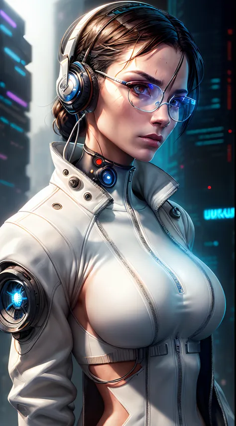 inked, award winning portrait photo of a futuristic female knight, ((natural perfect breast)), muscular body, ((glasses)), ((hea...