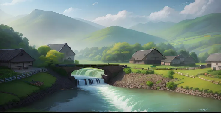 In this artificial intelligence painting，We could see an old village。There is a watermill in the middle of the village，Next to it is a clear stream。The rotation of the waterwheel brings life and vitality to the whole village。Villagers work in the fields，Th...