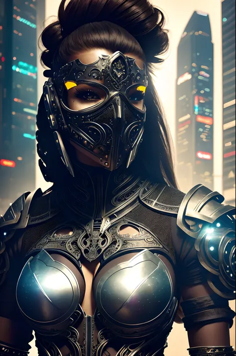 a close up of a woman wearing a black costume and a mask, stunning armor, cyborg fashion model, intricate cyberpunk armor, intricate cyberpunk make - up, seductive cyberpunk dark fantasy, cyborg fashion shot, beautiful armor, intricate body, wearing futuri...