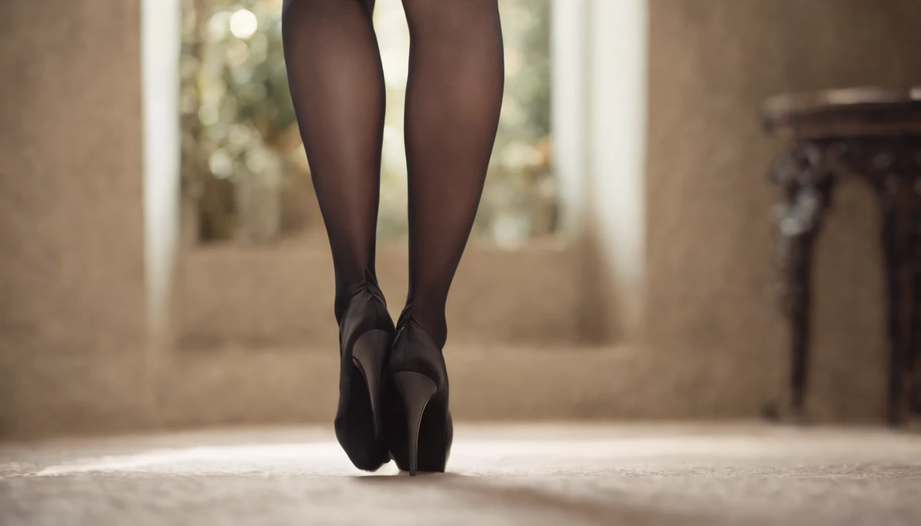 Close-up of the legs, black silk long legs