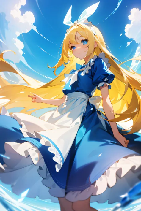 1girll，alice in the wonderland，Blue sky、Bright and very beautiful face、young and shiny white shiny skin、Best Looks、The most beautiful bright blonde hair in the world、finer hair、Super long silky straight hair、Beautiful bangs that shine、Glowing crystal clear...