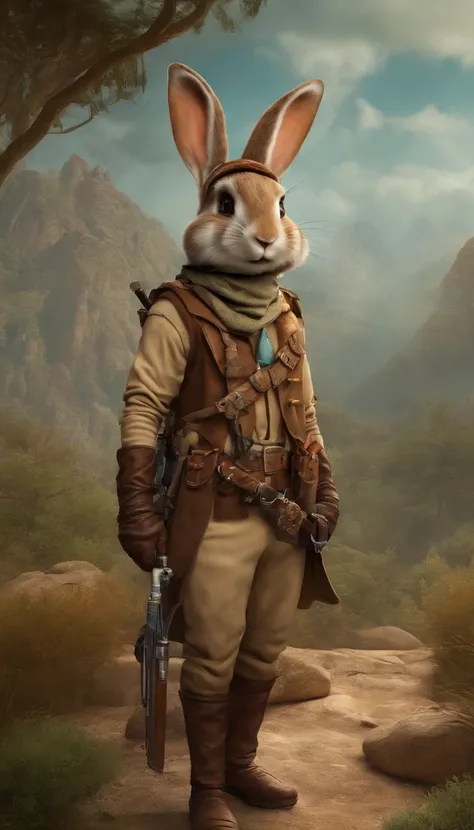 Anthropomorphic, adventurous rabbit, Goggles, rabbit head and rabbit tail, dressed in an explorer suit, with clothing designs and delicate clothing details in the style of Tomb Raider and Assassin Creed,Costumes and props for a warhammer fantasy RPG highwa...