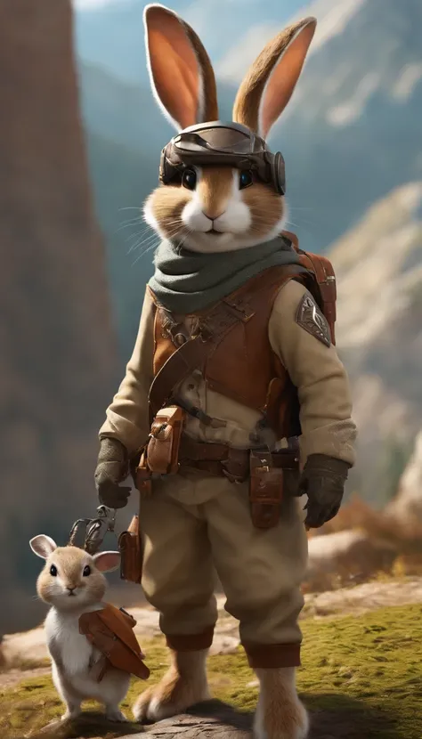 Anthropomorphic, adventurous rabbit, Goggles, rabbit head and rabbit tail, dressed in an explorer suit, with clothing designs and delicate clothing details in the style of Tomb Raider and Assassin Creed,Costumes and props for a warhammer fantasy RPG highwa...