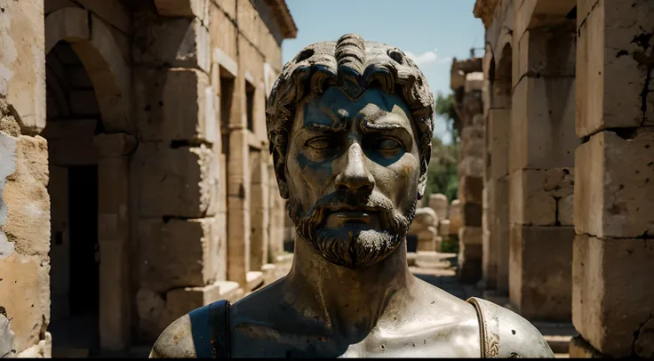 Ancient Stoic Statue With Very Angry Expression, tem barba, muitos detalhes em ambos os olhos, Outside, fundo atenas grego, open sky, com rosto extremamente detalhado full body view, Colors with low saturation with dark tone, Filmado em Sony A7S III com So...