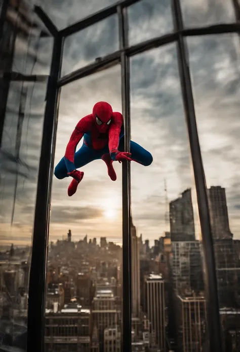 Spiderman swinging on his web beside the side of a building in NYC, reflection in the window beside him, golden hour, cinematic light, dramatic, crystal clear image