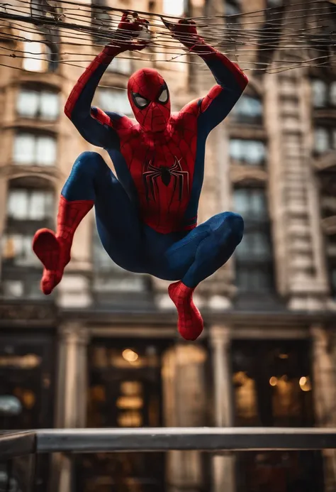 Spiderman swinging on his web beside the side of a building in NYC, reflection in the window beside him, golden hour, cinematic light, dramatic, crystal clear image