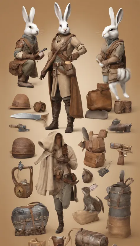 Anthropomorphic, adventurous rabbit, Goggles, rabbit head and rabbit tail, dressed in an explorer suit, with clothing designs and delicate clothing details in the style of Tomb Raider and Assassin Creed,Costumes and props for a warhammer fantasy RPG highwa...