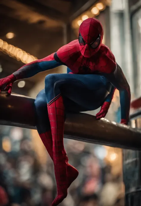 Spiderman as a stripper dancing around a pole in a nightclub, for cash, money falling from the sky, cinematic light, dramatic, crystal clear image