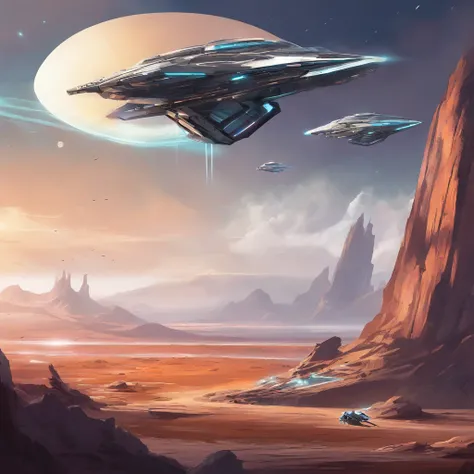 A spaceship flying over rocky ground, inspired by sparth, an epic space ship scene, sparth style, The spacecraft flew too far, star citizen digital art, sci-fi illustrations, scifi illustration, detailed sci-fi art, on the sky, Spaceship, spaceships in the...