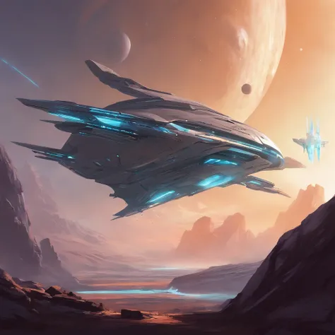 A spaceship flying over rocky ground, inspired by sparth, an epic space ship scene, sparth style, The spacecraft flew too far, star citizen digital art, sci-fi illustrations, scifi illustration, detailed sci-fi art, on the sky, Spaceship, spaceships in the...