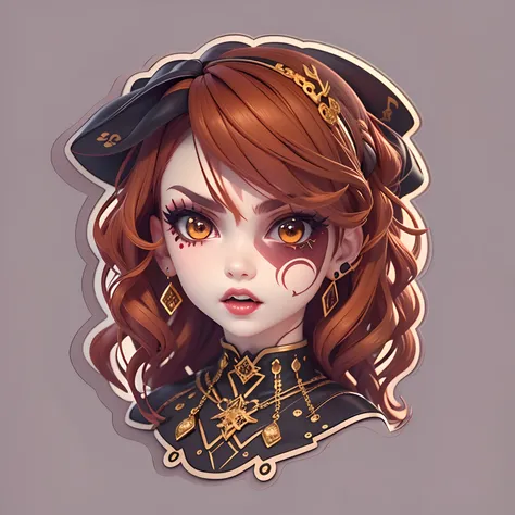 ((Sticker,))(3D anime gothic girl)，Tattooed with，Wear a stud PVC corset，red colour，voodoo witch，((in circle)), ((White background)), ((Gold border))，Simple, Ultra detailed, Detailed drawing, vectorised, 8K, professional sticker design, Flat design, Vector ...