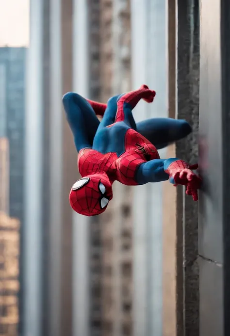 Spiderman swinging on his web beside the side of a building in NYC, reflection, golden hour, cinematic light, dramatic, crystal clear image